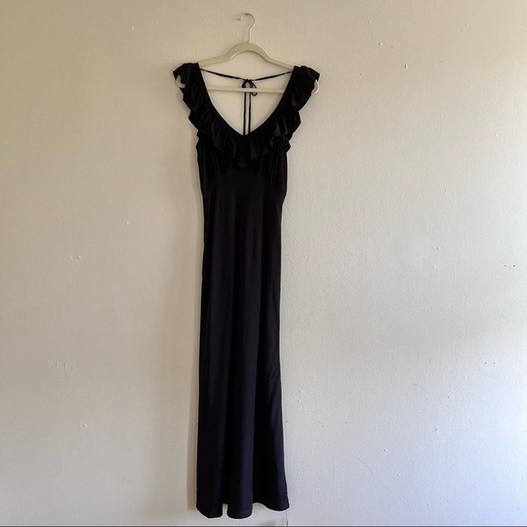 Reformation midi dress Cillian Silk ruffle neckline tie back in black Sz Medium - Picture 2 of 13